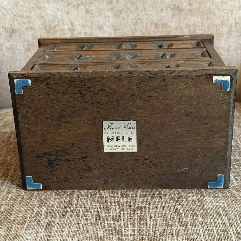 Wooden MUSICAL Jewelry Box MELE Japan Jewel Case 3 Velvet Lined Drawers Vintage